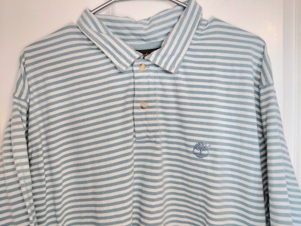 Timberland Men's XXL Blue White Striped Short Sleeve Polo Shirt Cotton Vintage